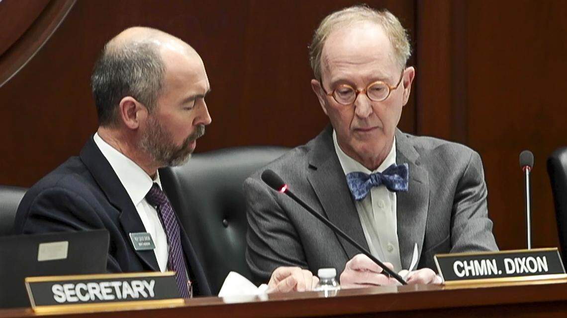 Special counsel Bill Myers, right, confers with Rep. Sage Dixon, a Ponderay Republican and chairman of the Ethics and House Policy Committee, during a hearing over former Rep. Aaron von Ehlinger’s conduct on April 28 at the Capitol.