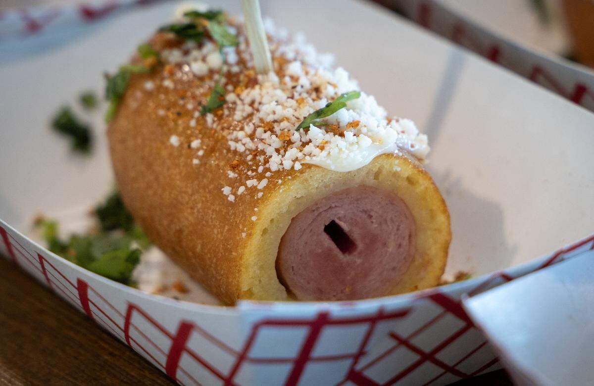 Mexican inspired street corn dog, one of 10 new food concessions on the menu at at Albertsons Stadium this coming season.