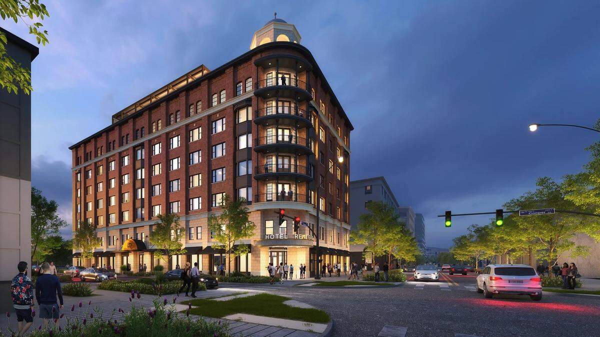 The seven-story Hotel Renegade includes a unique gazebo on the roof of its southeastern corner, shown at top in this rendering looking from the corner of 11th and Grove streets.