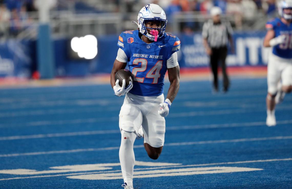 Boise State running back Dylan Riley breaks free on a 64 yard touchdown run against Portland State. Boise State defeated Portland State 56-14 at Albertsons Stadium in Boise, Idaho. Kyle Green For The Idaho Statesman Saturday September 21, 2024