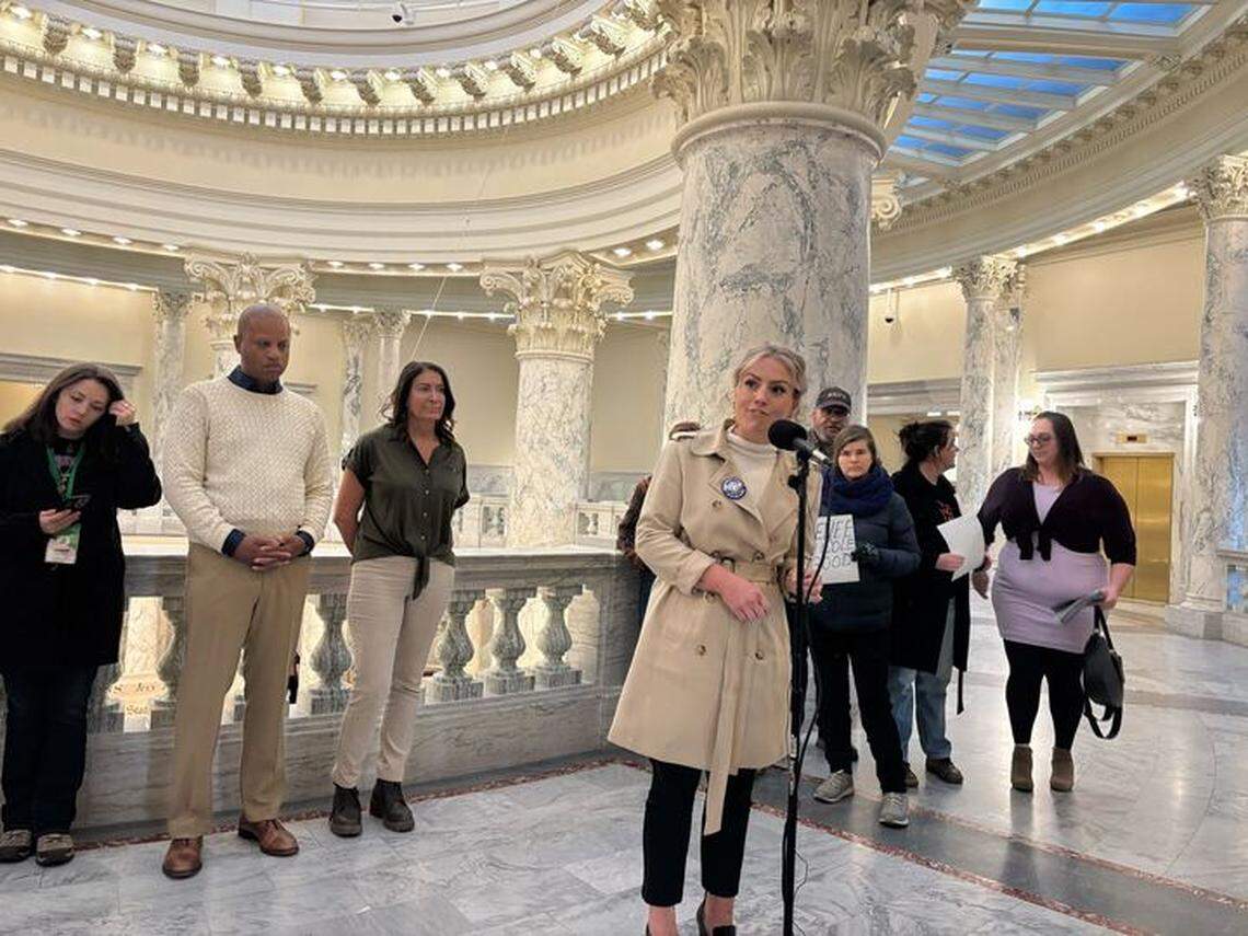 Several Idaho activist leaders held a press conference at the state Capitol before the protest to call on Gov. Brad Little to end the state’s agreement with ICE.