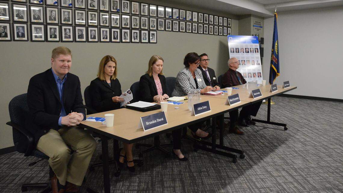 Branden Durst, left, is shown in this 2018 file photo at a debate for Boise School Board trustee. Durst was recently hired as the superintendent of West Bonner School District.