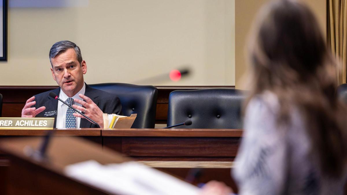 Rep. Todd Achilles, D-Boise, asks questions of fellow committee member, Rep. Heather Scott, R-Blanchard, as she presents HJM 1 in the House State Affairs Committee at the Idaho Statehouse on Wednesday.