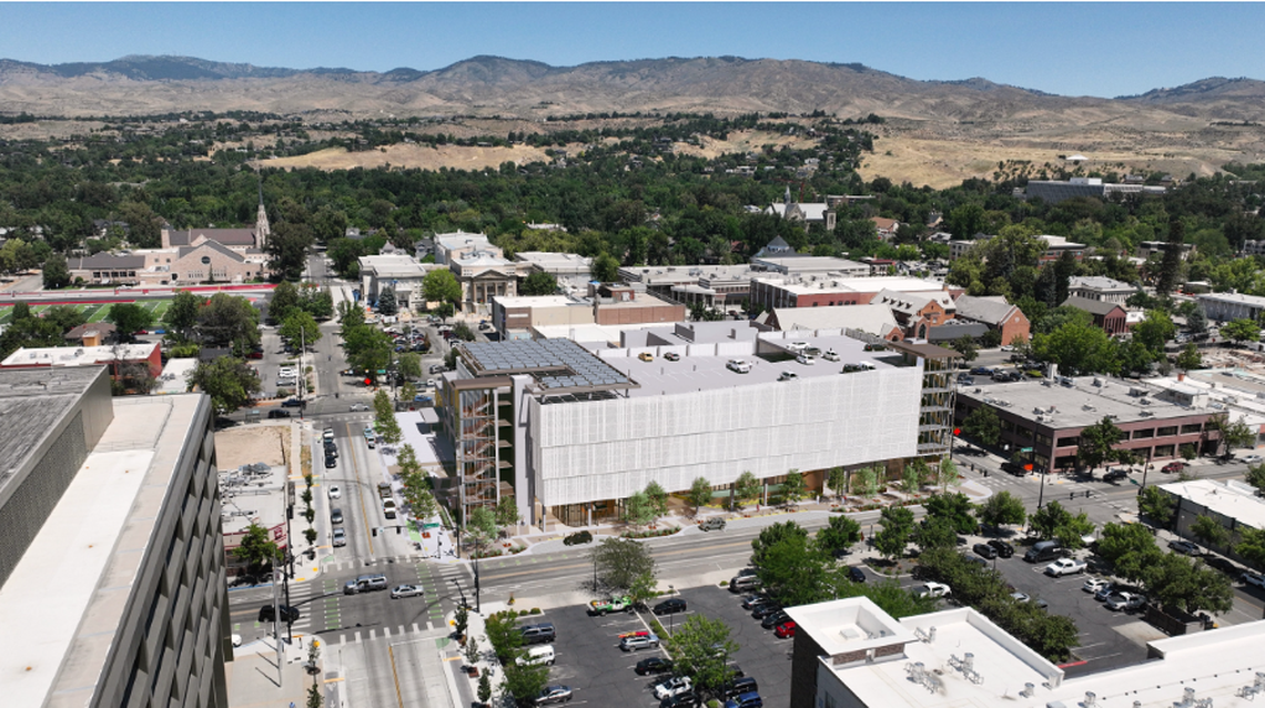 An aerial rendering of the Capital City Development Corp.’s 1010 W. Jefferson St. lot, with the YMCA and Boise High School to the north.