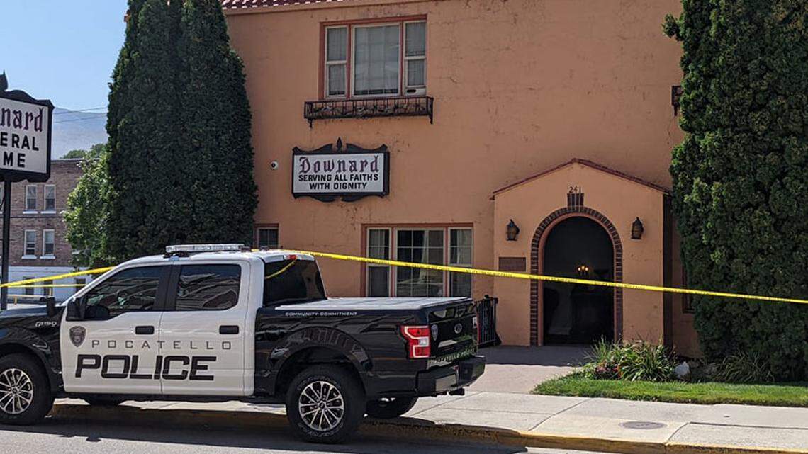 A Pocatello Police Department vehicle sits outside of Downard Funeral Home on Friday, Sept. 3. An investigation into reports of decomposing bodies is now a criminal case.