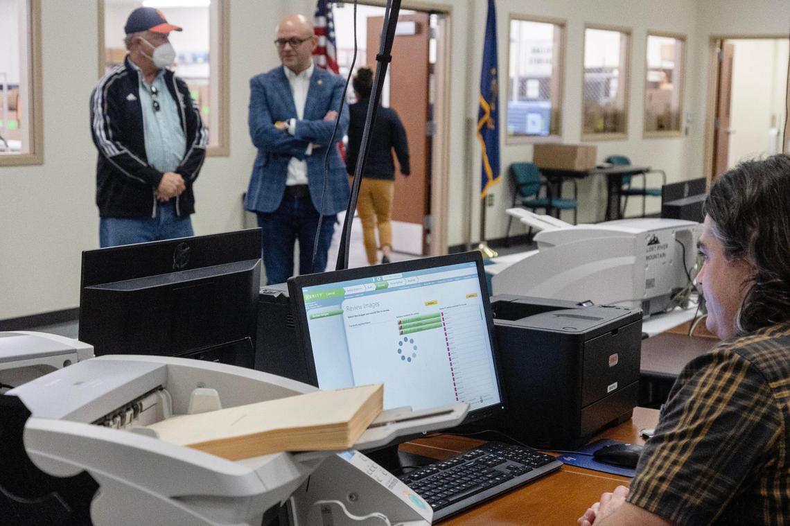 In his previous role as Ada County Clerk, Secretary of State Phil McGrane oversees an accuracy test of sample ballots in 2022. Officials ran test ballots through voting machines to confirm proper tabulation by the election software.