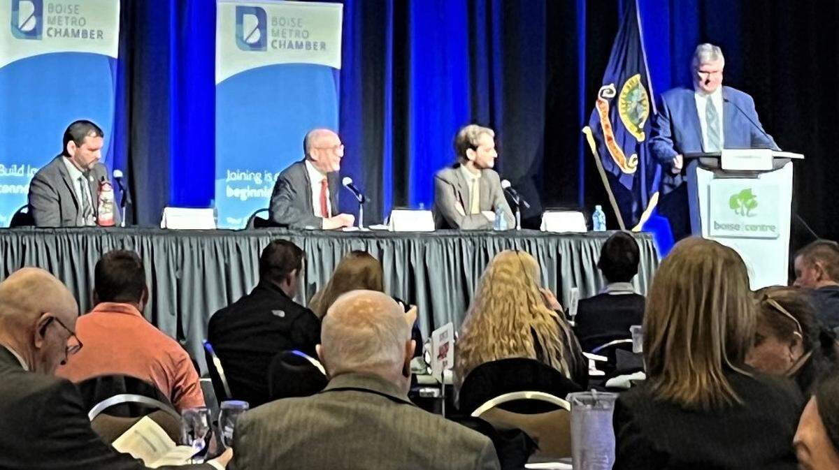 From left, Caldwell Mayor Jarom Wagoner, the Utah Transit Authority’s executive director, Jay Fox, and Amtrak’s state and local government affairs manager for the Northwest, Chase Kitchen, spoke about passenger rail at the Boise Metro Chamber’s legislature forum on Thursday. Thomas Mortell, a co-managing partner at the law firm Hawley Troxell, moderated the panel.