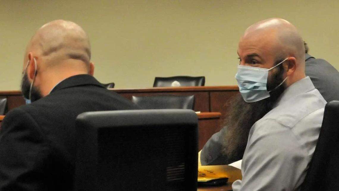 Jim Lee Murphy, right, (pictured here at a court hearing in September 2021) was accused of killing his wife, 26-year-old Whitney Murphy, at their home east of Declo in October 2014. He was found not guilty by a Cassia County jury on Wednesday after serving five years in jail awaiting his first-degree murder trial.