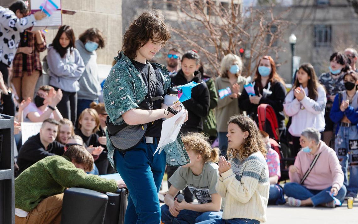 Robin Olsen finishes speaking at a rally to support trans youth Friday on the steps of the Capitol.