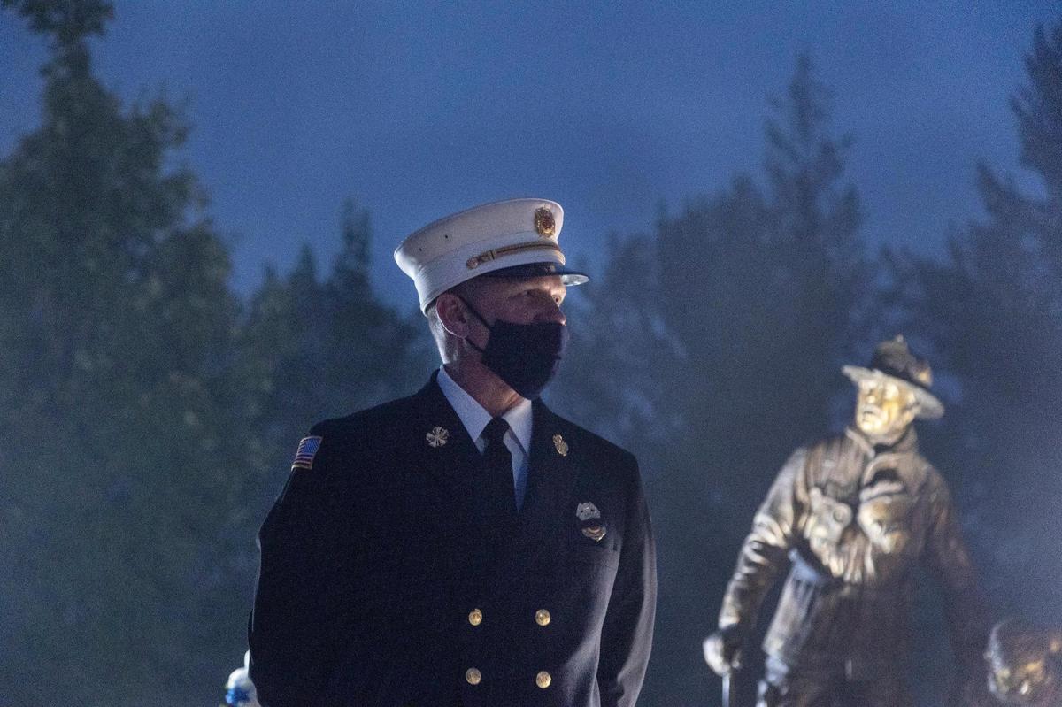 Boise Fire Chief Mark Niemeyer speaks during a 9/11 ceremony at The Idaho Fallen Firefighters Memorial on Saturday.