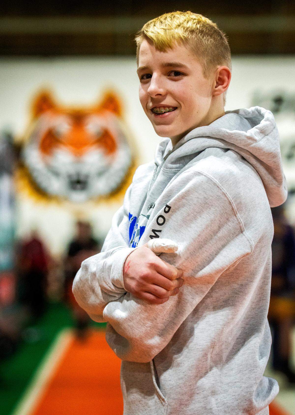New Plymouth freshman Kyle Rice poses for a portrait after pinning Salmon freshman Wyatt Platz in their 2A 106-pound quarterfinal bout Friday, Feb. 22, 2019, during the State Wrestling Tournament at Holt Arena in Pocatello.
