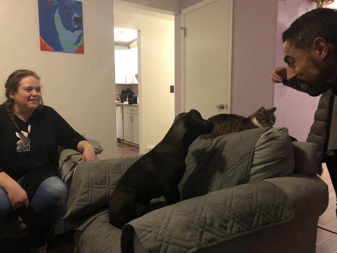 A visitor to Brittany Sundell’s house in early January came to see one of her foster cats, Muffin, on the chair in background. But a foster puppy, Rue, playfully demanded attention.