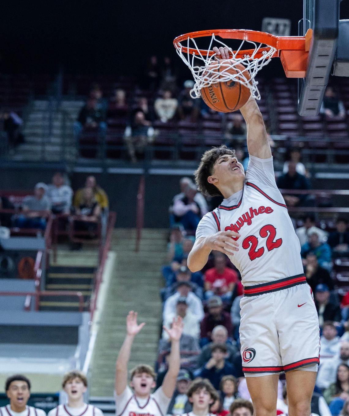 Owyhee senior Jayce Allen throws down his second dunk of the tournament Friday at the Ford Idaho Center.