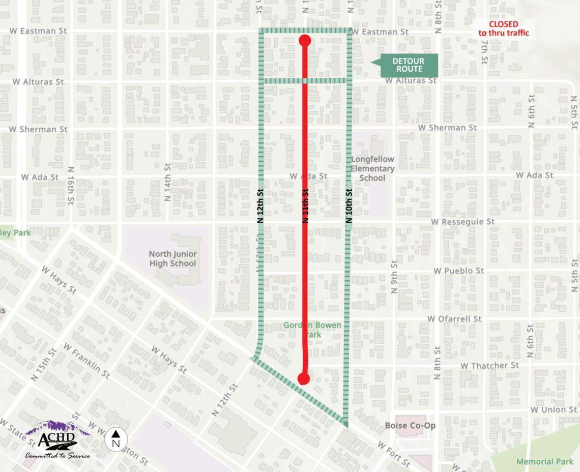 This map shows where construction for the 11th Street Bikeway project is now taking place, between Eastman and Fort streets in Boise’s North End. Ada County Highway District recommends people detour on 10th and 12th streets.