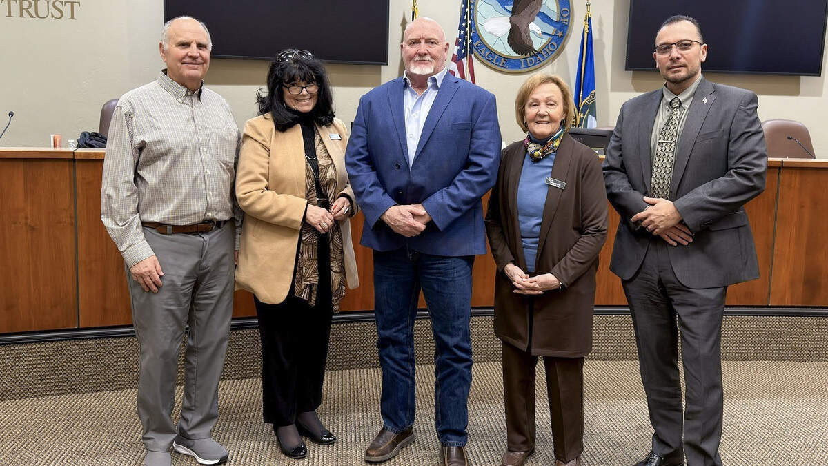 Eagle’s five elected officials, from left: Craig Kwamme, Mary May, Brad Pike, Nancy Merrill and Robert Gillis. Pike is mayor, the others City Council members. Merrill and Gillis were sworn in Jan. 13.