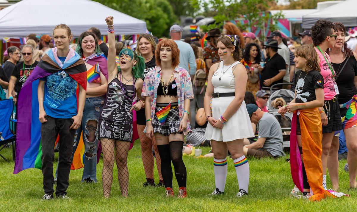 People attending the first Canyon Canyon Pride Festival cheer a musical act on stage.
