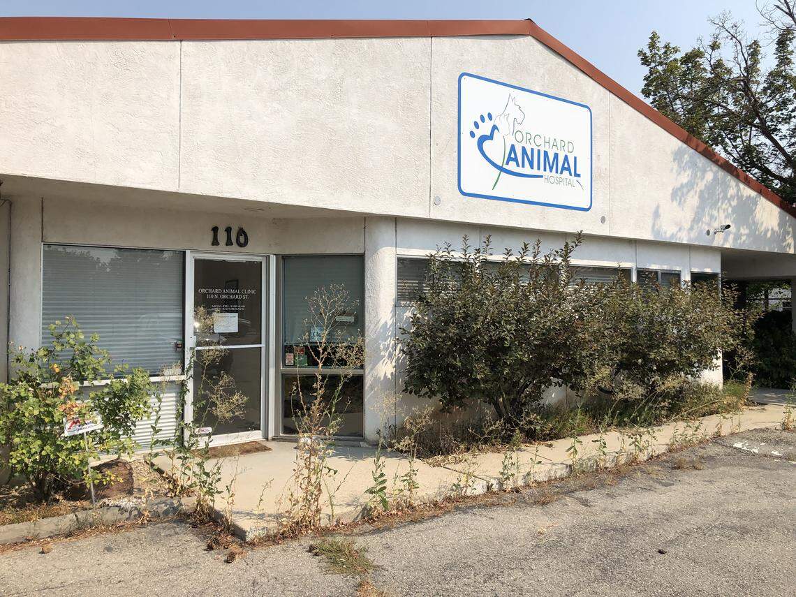 Weeds have grown tall outside Orchard Animal Hospital. There’s a “permanently closed” sign on the door.