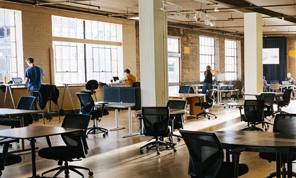 The interior of Trailhead’s Basecamp, a shared workspace for entrepreneurs, in a photo taken before the pandemic prompted most users of these “hot desk” work spaces to give up their memberships.