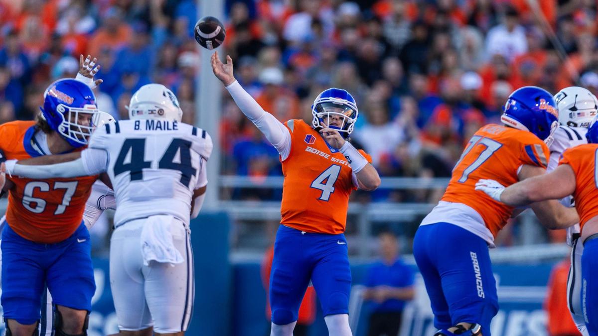 Boise State quarterback Maddux Madsen passes against Mountain West foe Utah State at Albertsons Stadium in Boise, Saturday, Oct. 5, 2024.