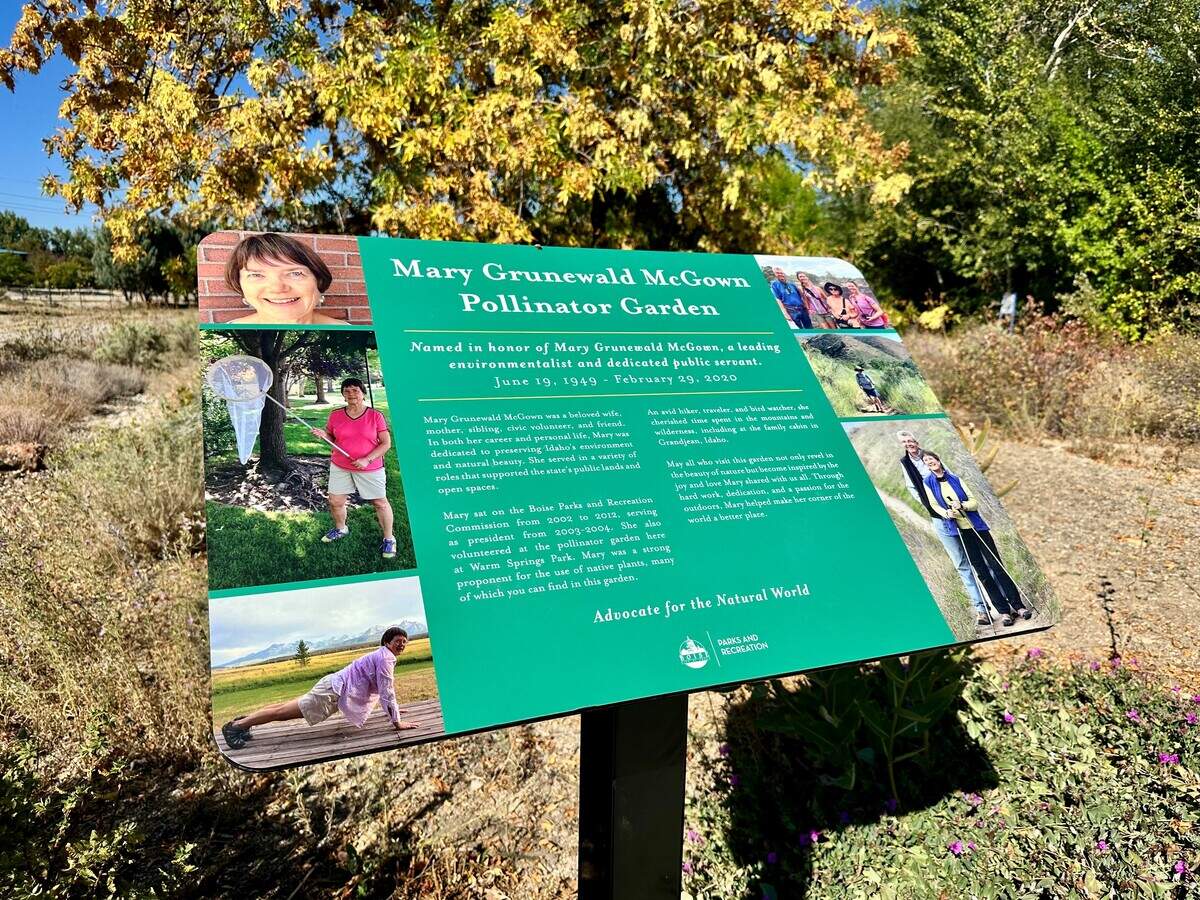 This sign is placed at the newly named Mary Grunewald McGown Pollinator Garden at Warm Springs Park.