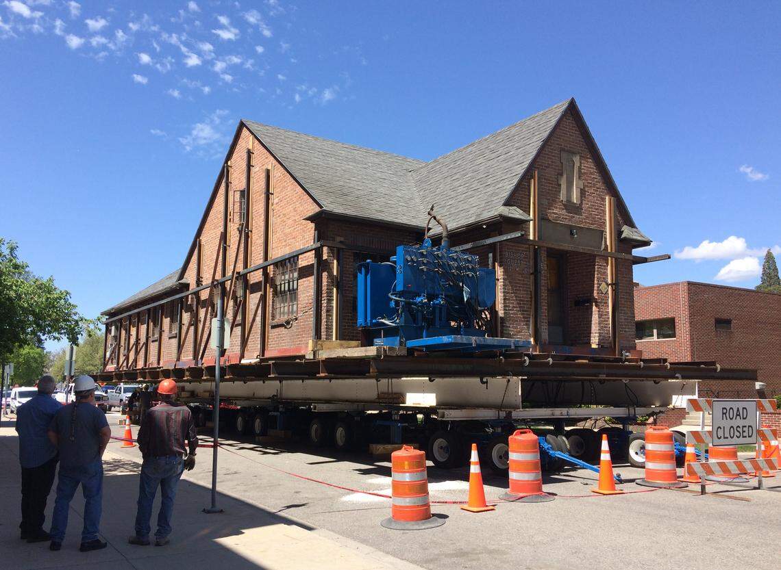 The 84-year-old Bishop Foote Guest House blocks both lanes of West Jefferson Street on Monday, next to St. Luke’s Boise Medical Center’s main hospital (out of the image at left).