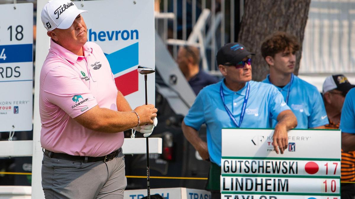 Third-round leader Scott Gutschewski watches to see where his ball lands on No. 18 during the Albertsons Boise Open on Saturday at Hillcrest Country Club.