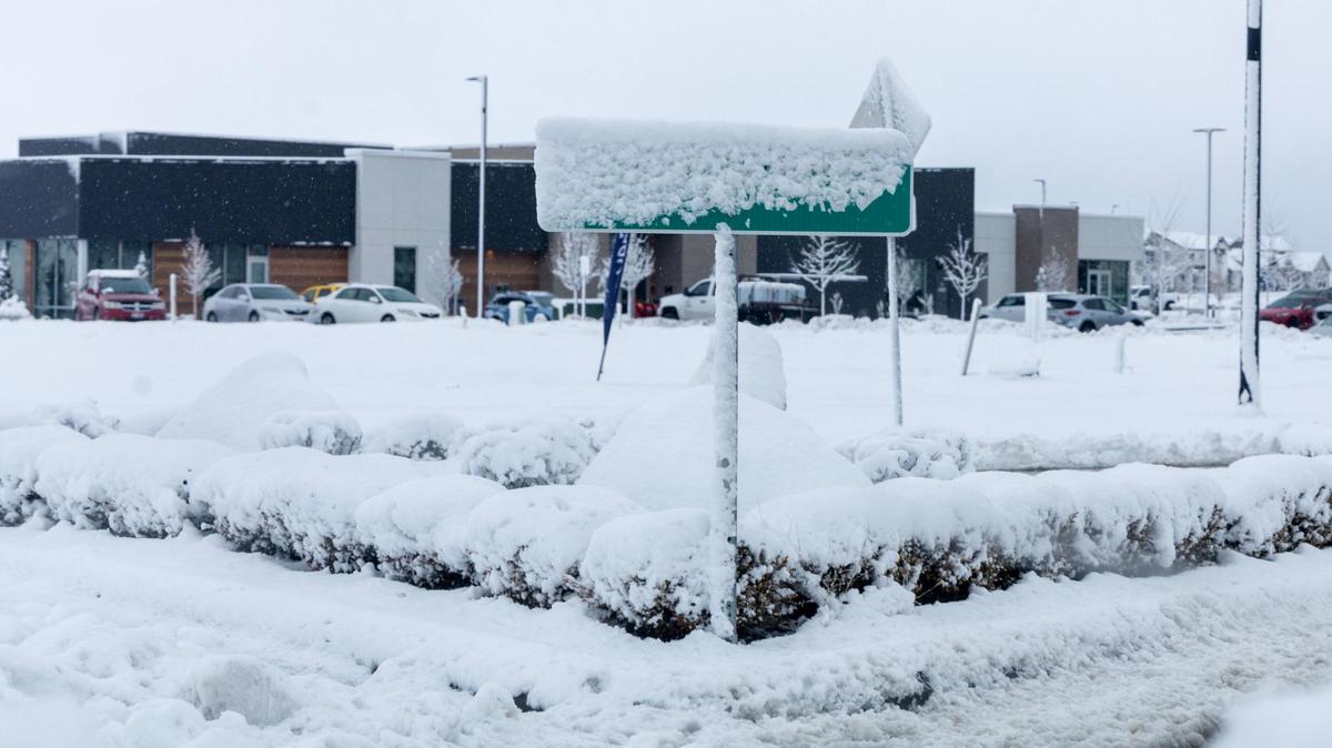 Snow covers the Locust Grove street sign outside of the Pinnacle Branch library Friday in Meridian.