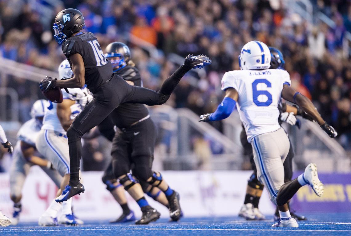 Boise State wide receiver John Hightower (16) makes a leaping catch against Air Force Friday, Sept. 20, 2019 at Albertsons Stadium in Boise.
