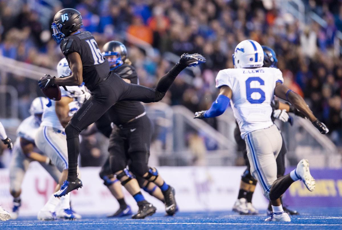 Boise State wide receiver John Hightower (16) makes a leaping catch against Air Force Friday, Sept. 20, 2019 at Albertsons Stadium in Boise.