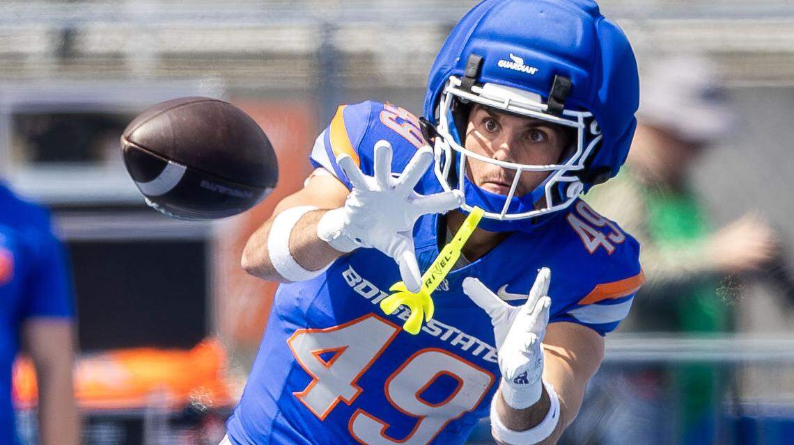 Boise State wide receiver AJ Maes eyes his catch during drills at the start of the Broncos' annual spring game for fans at Albertsons Stadium in Boise on Saturday, April 25, 2026.