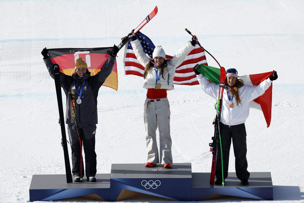 Team USA’s Breezy Johnson, center, won the gold medal in the women's downhill at the Milano Cortina 2026 Winter Olympics at Tofane Alpine Skiing Centre on Feb. 8 in Cortina d'Ampezzo, Italy.