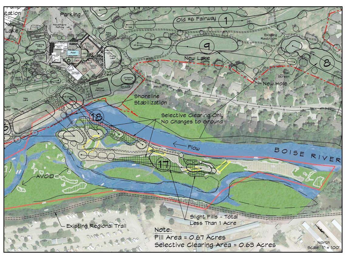This rendering, provided by Glass Creek LLC, shows the most recent iteration of a proposed expansion of the River Club Golf Course to an island in the Boise River east of the Glenwood Bridge. Critics worry the project would stymie public access and potentially damage the environment.