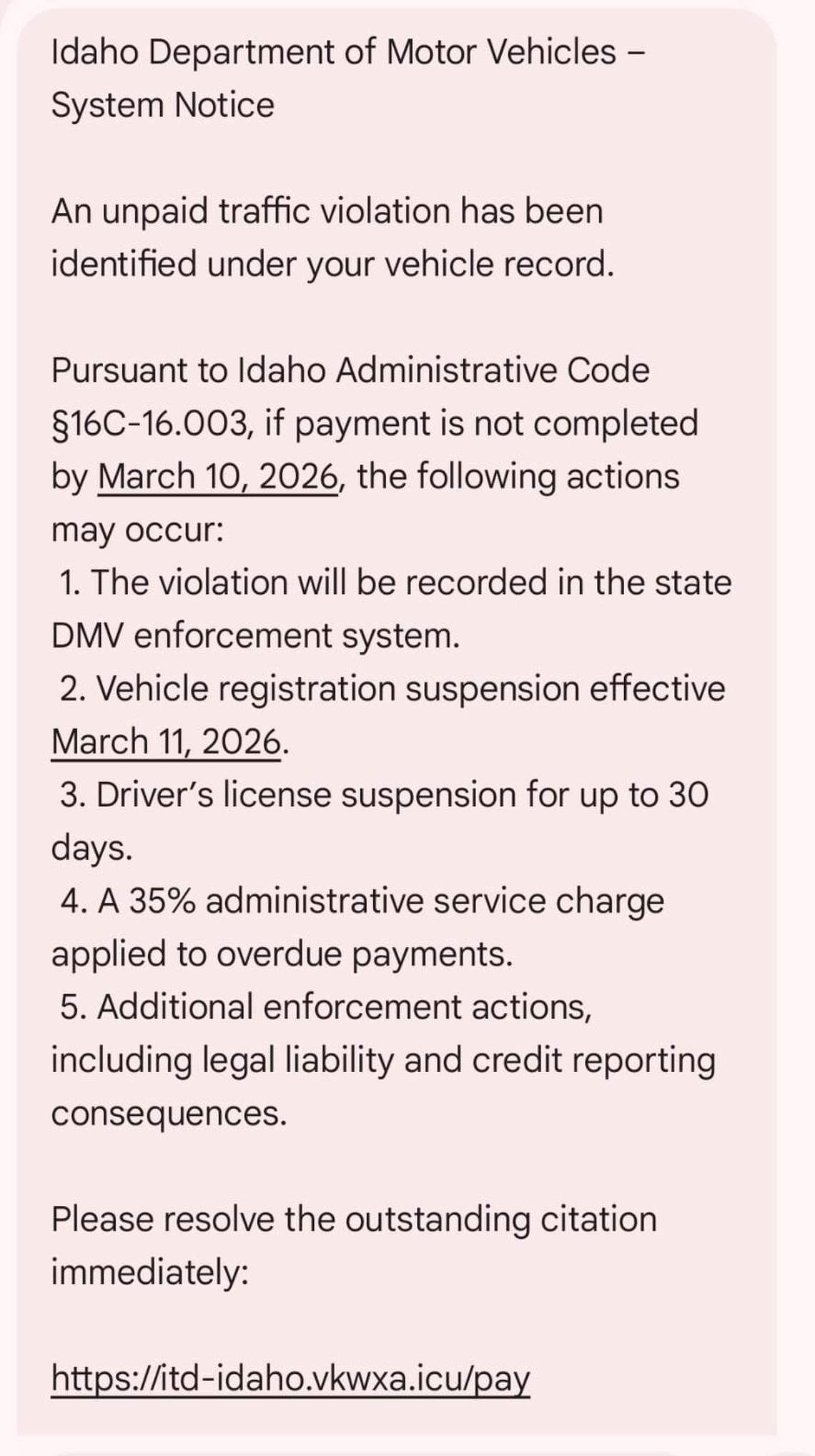 Example of scam message posing to be the Idaho Transportation Department