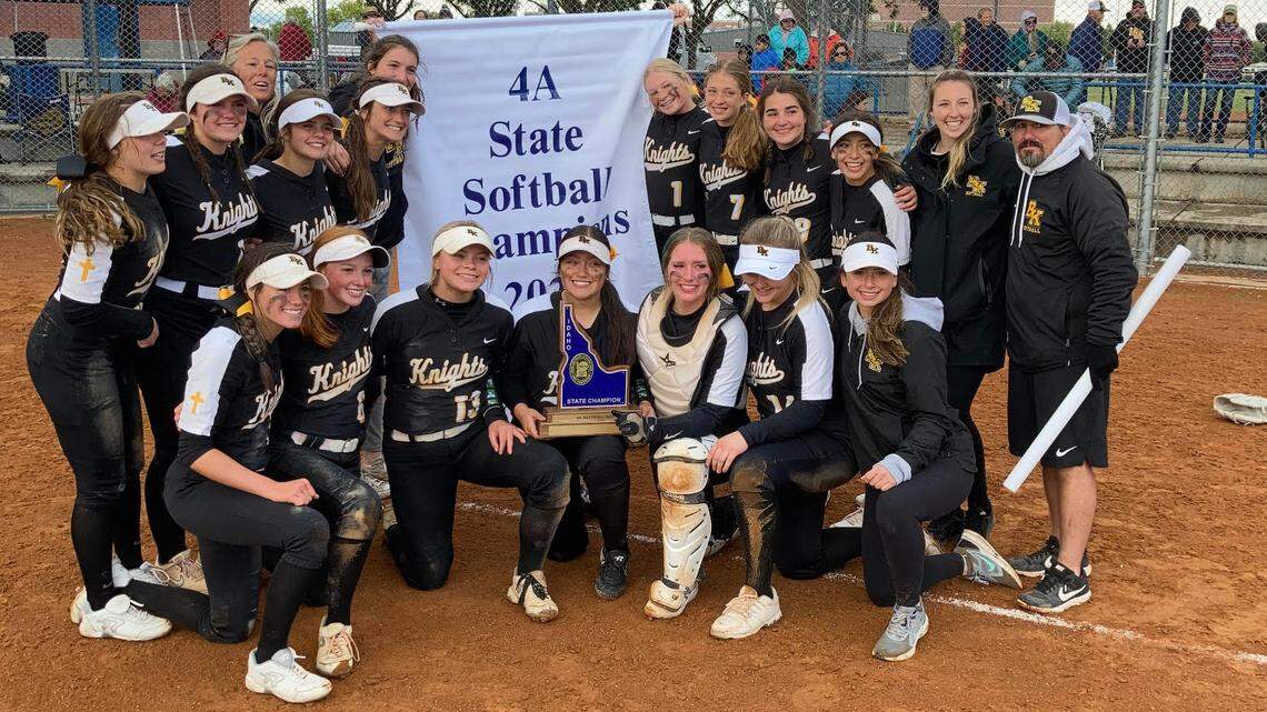 Bishop Kelly poses with the 4A state championship banner last spring. The Knights, the reigning conference, district and state champs, were the unanimous favorite in a 4A SIC preseason coaches’ poll.
