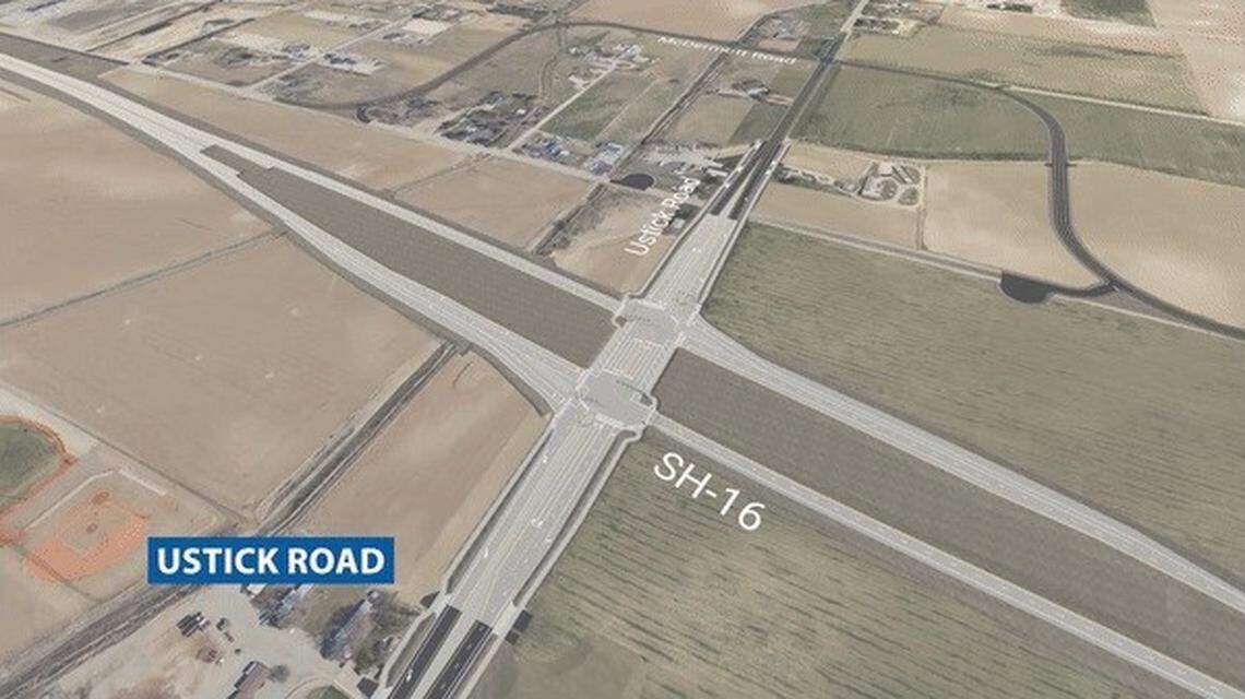The Idaho Transportation Department plans to expand what is now a signalized intersection at Ustick Road into a tight diamond interchange with the extended Highway 16, as shown in this rendering.