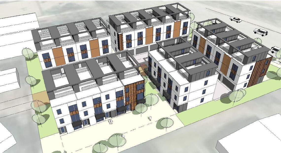 An architect’s rendering of the 20 Tallapoosa townhouses proposed by CK Property Group at 1709 S. Federal Way. This view looks northeast, with Federal Way at right.