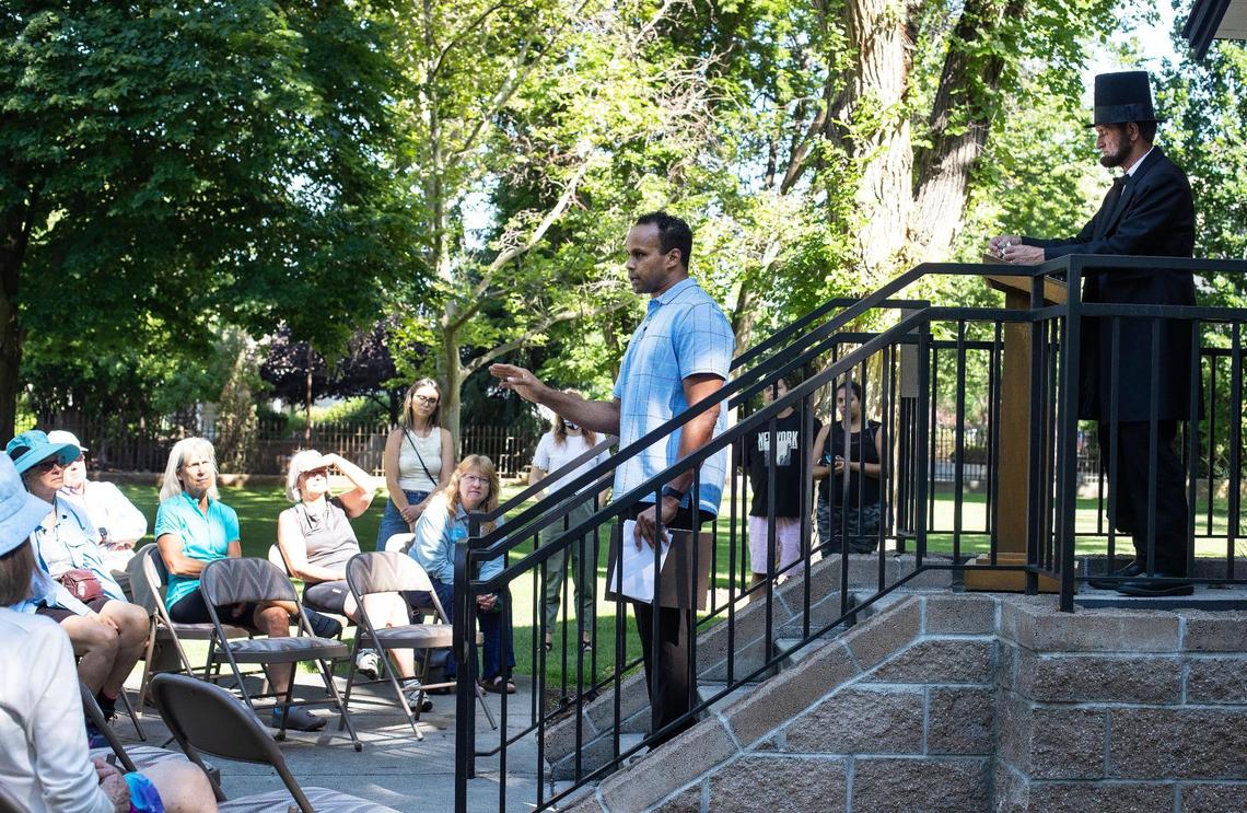 Phillip Thompson, board president and director of the Idaho Black History Museum, speaks during a Juneteenth celebration at the Idaho Black History Museum in Boise on Saturday, June 19, 2021. Juneteeth was made a federal holiday this year.