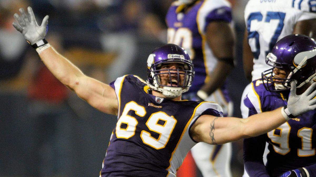 In this Sept. 14, 2008, file photo, Minnesota Vikings defensive end Jared Allen celebrates his sack of Indianapolis Colts quarterback Payton Manning. Allen and Manning are both first-year eligible candidates for the Pro Football Hall of Fame’s 2021 class.