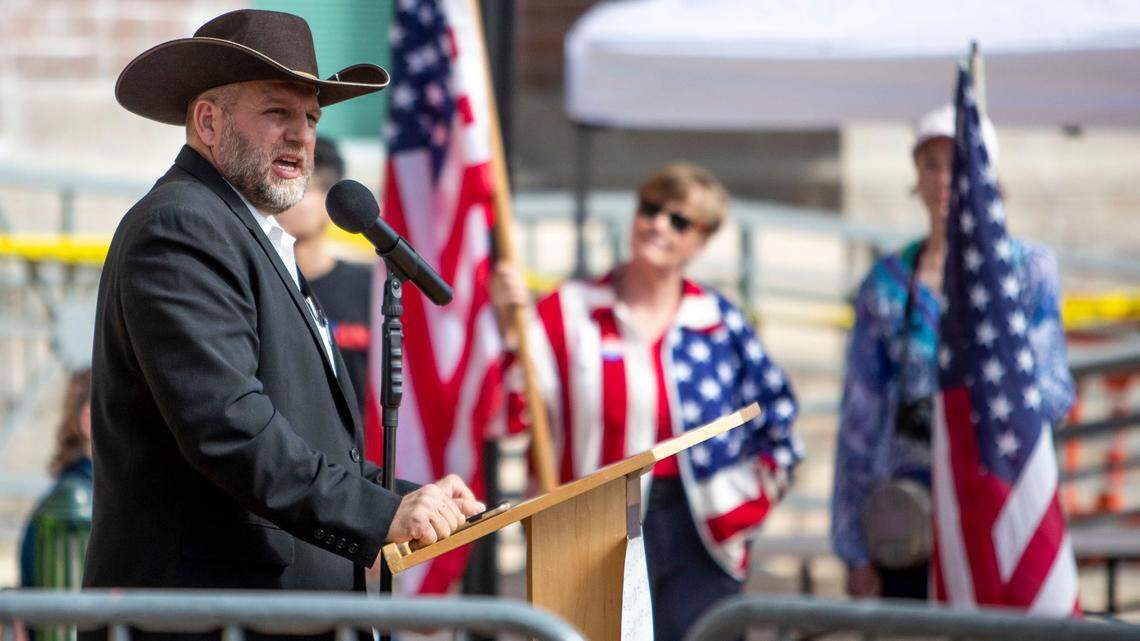 Ammon Bundy speaks to a crowd of about 50 followers in front of the Ada County Courthouse on Saturday, April 3 in Downtown Boise. The rally was organized to protest government shutdowns in Idaho, mask mandates, and recent arrests of Bundy and others.