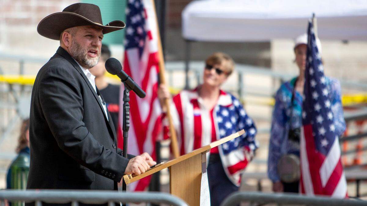 Ammon Bundy speaks to a crowd of about 50 followers in front of the Ada County Courthouse on Saturday, April 3 in Downtown Boise. The rally was organized to protest government shutdowns in Idaho, mask mandates, and recent arrests of Bundy and others.