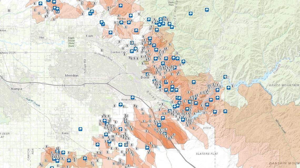 A historical map from Ada County’s Fire Adapted Communities network shows the Columbia Bench, near center bottom, as being one of the most fire-active areas in the county.