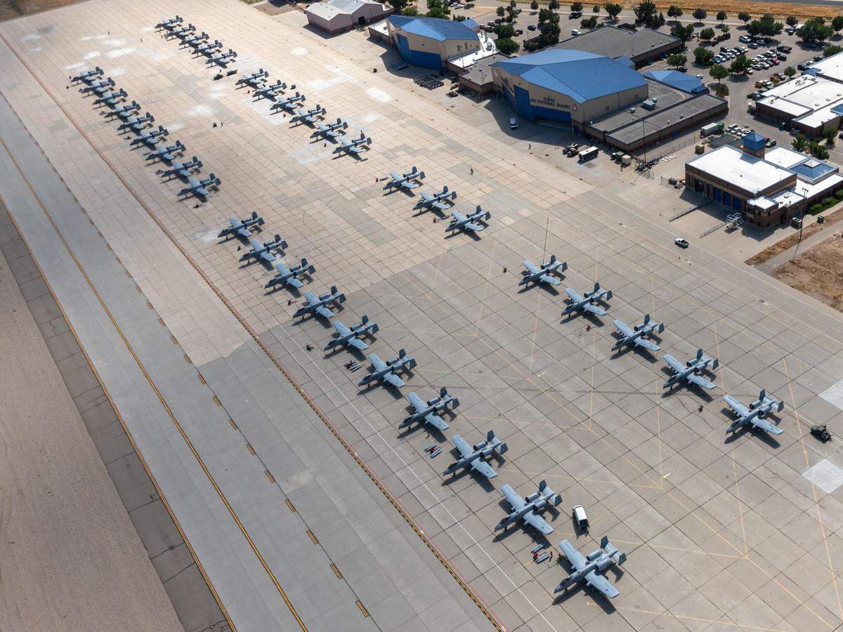 Thirty-seven A-10 Thunderbolt II’s sit on the flight line at Gowen Field, Boise, Idaho, to compete in Hawgsmoke 2022 on Sept 8, 2022. Hawgsmoke is a biennial USAF bombing, missile, and tactical gunnery competition for A-10 Thunderbolt II units.