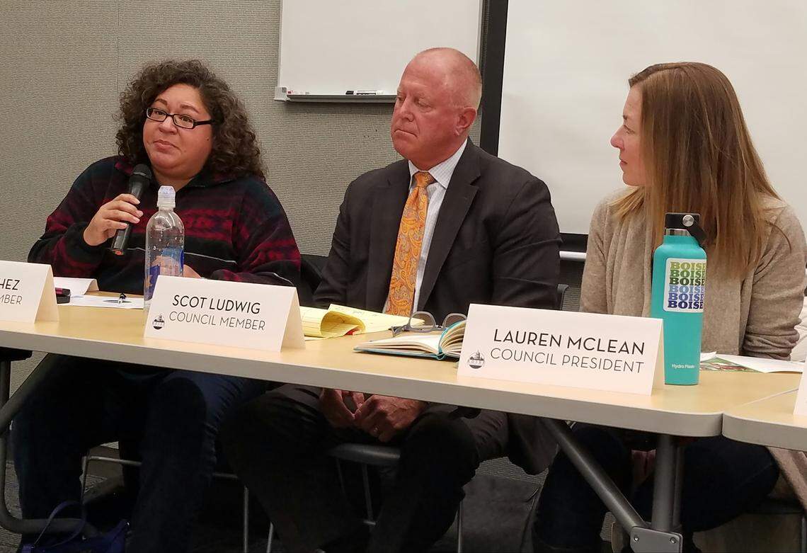 Councilwoman Lisa Sanchez, left, speaks on how the new Downtown library should be a welcoming place for all Boise residents. Council members Scot Ludwig and Lauren McLean listen during Thursday’s town hall meeting at the Library! at Bown Crossing.