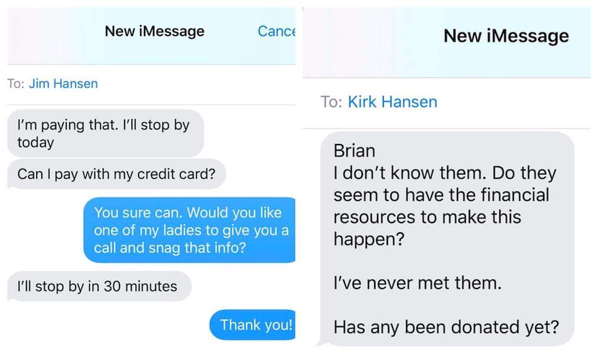 Text messages sent to Brian Wood from Jim Hansen Jr. and Kirk Hansen.