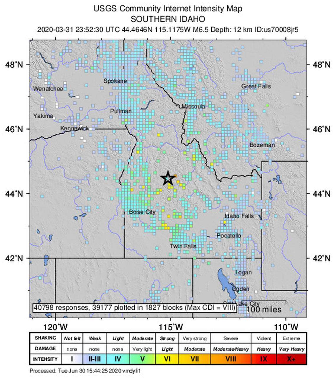 This map shows the average intensity with which people felt the March 31 earthquake in Idaho. It was constructed from almost 40,000 responses to a ‘Did you feel it?’ web questionnaire developed by the USGS to help them better understand the intensity of an earthquake.