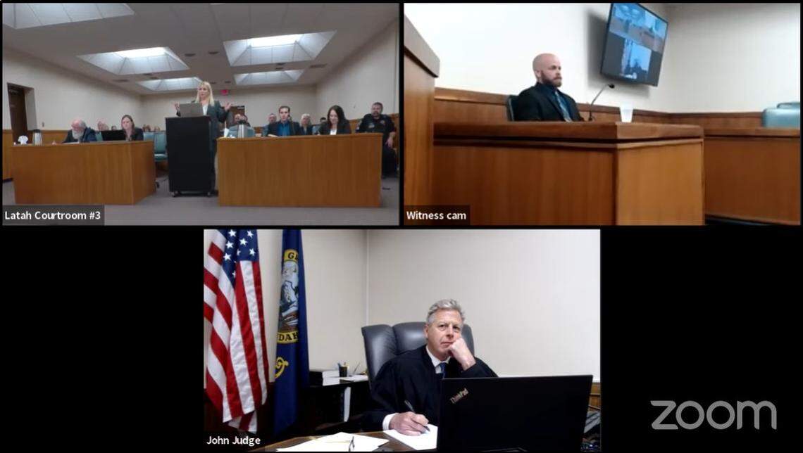 Moscow police Cpl. Brett Payne, top right, answered questions from defense attorney Anne Taylor, top left, during a pretrial hearing overseen by Judge John Judge for University of Idaho student homicide suspect Bryan Kohberger, in May at the Latah County Courthouse in Moscow.