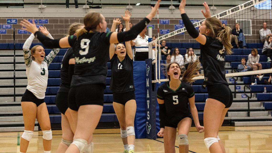 Eagle celebrate its first 5A district championship after a four-set victory over Timberline on Thursday at Mountain View High.