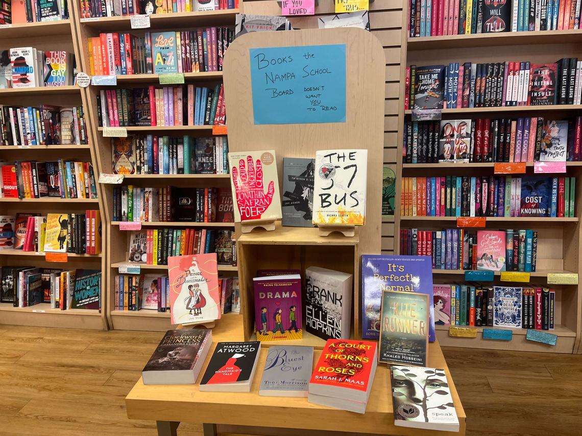 Rediscovered Books in Boise set up a display to include the books the Nampa school board voted to remove from the shelves of the district’s libraries.