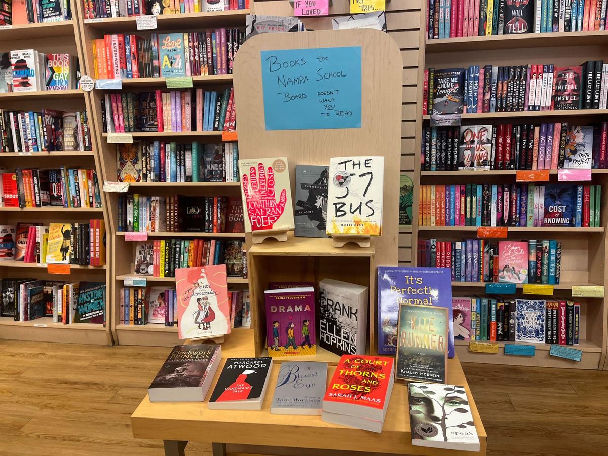 Rediscovered Books in downtown Boise set up a display on Wednesday to include the books the Nampa school board voted to remove from the shelves of the district’s libraries.