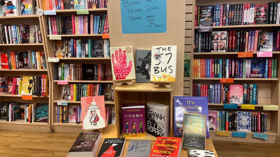 Rediscovered Books in Boise set up a display to include the books the Nampa school board voted to remove from the shelves of the district’s libraries.